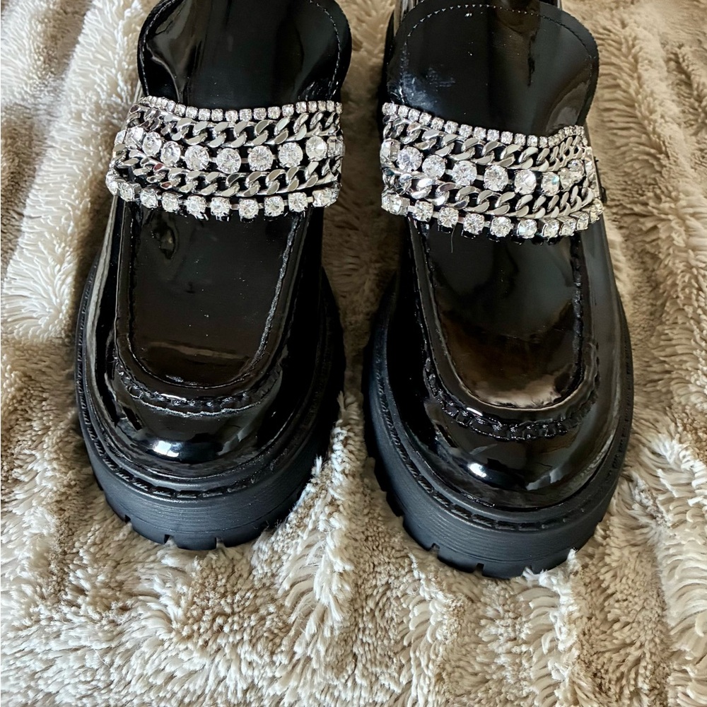 Steve Madden Black Patent Loafers with Rhinestone Accents